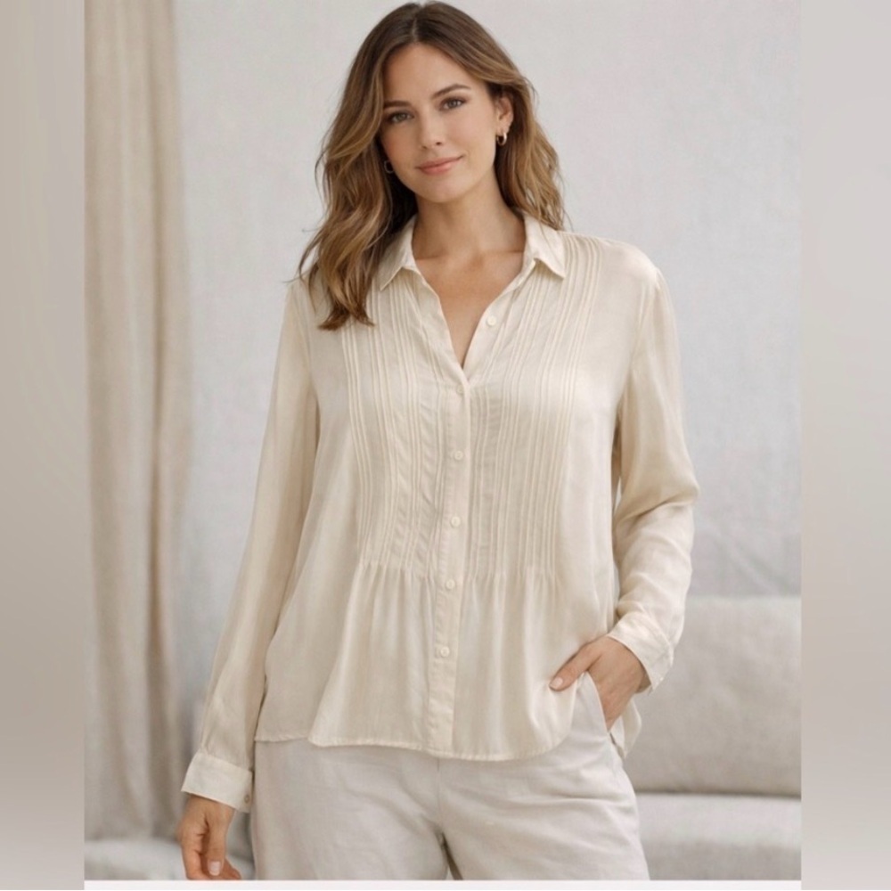 EL·LA‎ 100% Silk Pintuck Light Academia Blouse Size L Ivory Quiet Luxury
